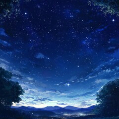 Naklejka premium Starry Anime Sky: A Celestial Canvas Where Dreams Touch the Stars, Sparkling with Reachable Constellations in a Fantasy Night, storybook illustrations, comic strips, book illustrations and picture