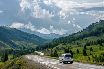 White SUV Navigating Winding Road Through Scenic Mountains. Highway Journey with Green Forests, Clouds, and Natural Beauty Background