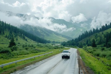 Fototapeta premium White SUV Navigating Winding Road Through Scenic Mountains. Highway Journey with Green Forests, Clouds, and Natural Beauty Background