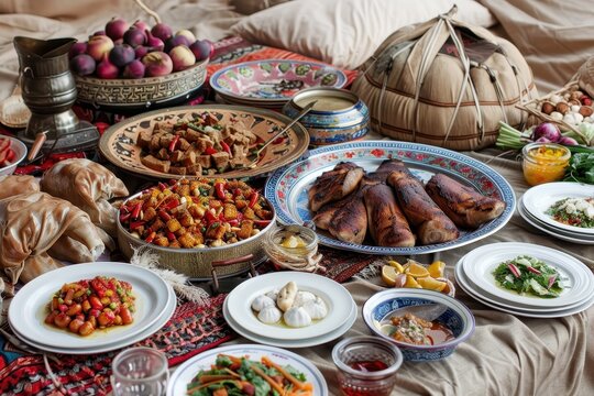 Kazakh feast with traditional dishes in a yurt
