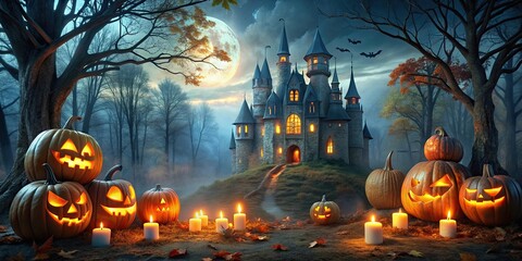 Scary haunted castle in the woods at night, surrounded by Halloween pumpkin jack-o-lanterns with burning candles , Halloween