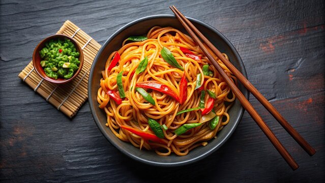 Spicy Schezwan veg noodles served with chopsticks, Schezwan, veg, noodles, stir-fried, Hakka, sauce, veggies, spicy, tasty