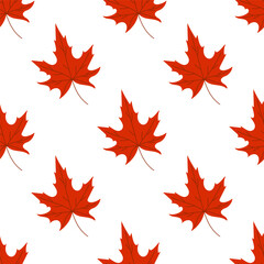 A pattern of red maple leaves on a white background. The leaves are drawn in a stylized way, with a focus on their shape and color. Scene is warm and inviting, evoking the feeling of autumn