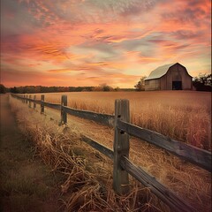 Realistic rural landscape at dusk with golden fields and a distant barn