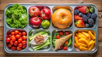 Fresh fruit and vegetables on a school lunch tray, highlighting the importance of nutritious meals for students under the national act.