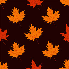 A pattern of orange leaves on a dark background. The leaves are stylized and appear to be floating in the air. Scene is warm and inviting, evoking the feeling of autumn and the beauty of nature