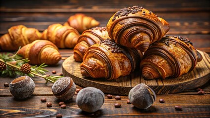 Freshly baked, golden-brown croissants sit atop a rustic wooden table, surrounded by rich, velvety chocolate truffles and shavings, exuding warmth and indulgent temptation.