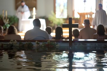 Baptismal ceremony with a focus on the cross in a peaceful church setting