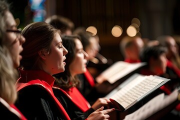 Choir members singing during a church service with hymnals in hand
