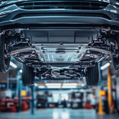 Obraz premium Up-Close Look at a Car's Undercarriage Elevated by a Hydraulic System for Modern Workshop Maintenance.