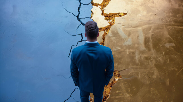 Businessman Observing Cracked Golden Wall