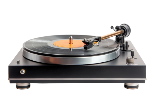 Close-up of a vintage vinyl record player turntable, isolated on white background, capturing the essence of analog music playback.
