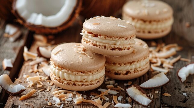 Coconut shell macarons on wooden backdrop