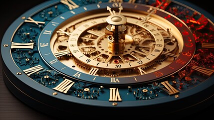 Clock face with gold and blue accents, red Roman numerals, and gears. Perfect for time management or business concepts.
