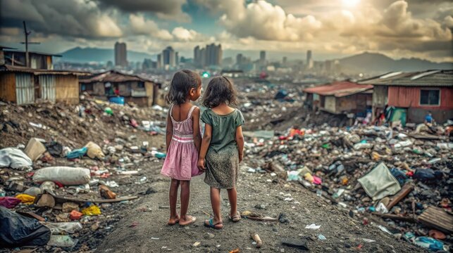 Two young girls standing amidst a slum, surrounded by debris, with a distant city skyline under a cloudy sky.