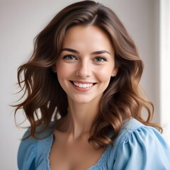Naklejka premium Smiling Caucasian woman with long brown hair, wearing a blue dress, isolated on a white background