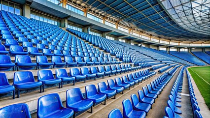 Fototapeta premium Empty soccer stadium with rows of blue chairs, awaiting the return of football , sports, soccer, stadium, empty, blue