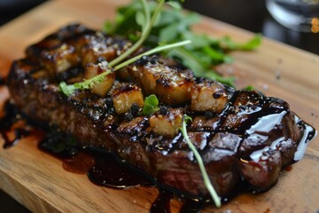Delicious grilled beef steak with foie gras, balsamic sauce and arugula on wooden board