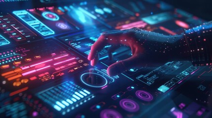 User navigating futuristic userinterface on virtual touchscreen, front view, advanced control panel, robotic tone, colored pastel,