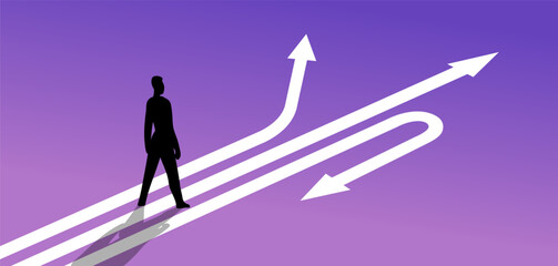 Man making decision what path, direction to take. Arrows pointing in different directions