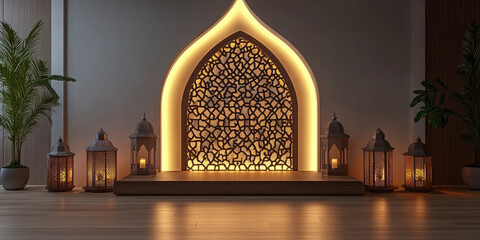 Traditional arabic lanterns illuminating a stage with an ornate archway and arabic script glowing in the background. This design is perfect for mawlid al nabi celebrations. Banner. Copy space.