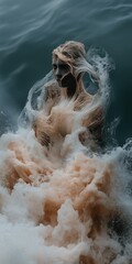 Obraz premium Ethereal figure emerging from the ocean, wrapped in flowing mist and waves, surreal aquatic scene