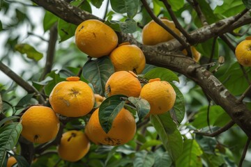 View from below of hanging Bael fruit Aegle marmelos
