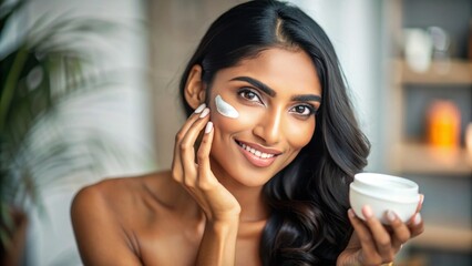 Glowing Indian woman with flawless skin and luscious dark hair, applying gentle skincare cream to her face with a serene expression, indoor setting.
