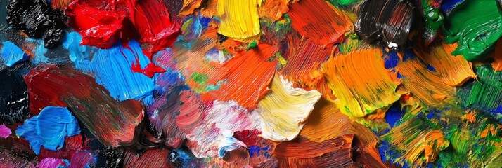 A palette with colorful oil paint mixed and smeared, demonstrating the creative process of an artist at work, blending pigments.