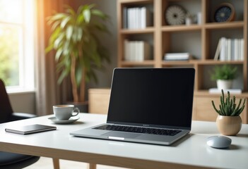 Modern workspace with laptop, coffee, and plants in a bright, cozy room during the day