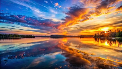 Obraz premium Sunset over Kanieris lake with vibrant colors reflecting on the water's surface, sunset, Kanieris lake, tranquil, vibrant