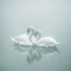 Swans in Love: Graceful Cygnets by the Lake in the Fog