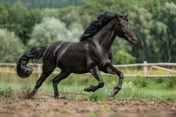 Fototapeta premium Powerful black stallion running fast with flowing mane and tail
