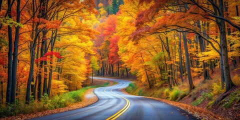 Fototapeta premium A scenic road winding through a vibrant autumn forest, autumn, road, forest, fall, trees, foliage, leaves, nature, landscape