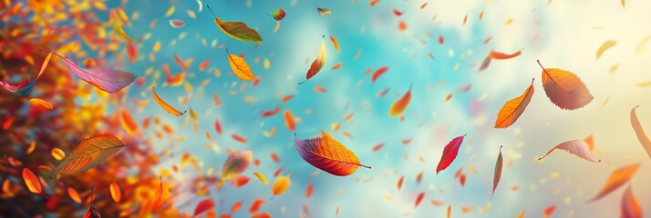 Brightly colored autumn leaves swirl against a blue sky, capturing the essence of the fall season and the changing beauty of nature.