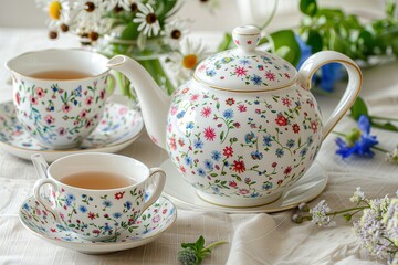 Fototapeta premium Tea Set. Traditional English Afternoon Tea with Floral Dishware and Teapot
