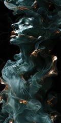 Fototapeta premium Abstract sculpture of a woman merging with swirling dark and copper smoke, creating a dynamic and surreal visual