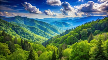 Obraz premium Lush green forests and misty valleys surround majestic mountain peaks under a bright blue summer sky in the Great Smoky Mountains national park.