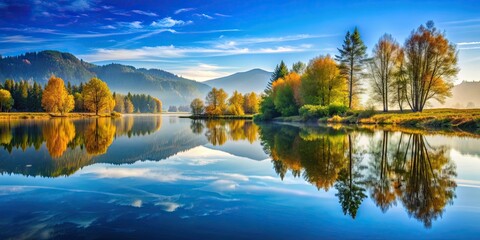 Fototapeta premium Train reflection in still water with beautiful scenic background, train, reflection, water, still, scenic, background