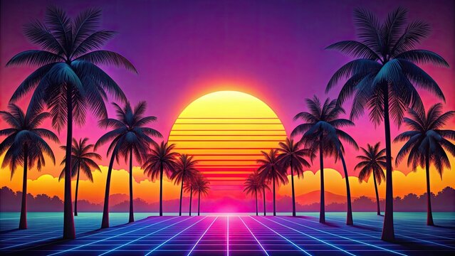 Sunset scene with neon palm trees and bold colors , 80s, synthwave, retro, sunset, neon, palm trees, tropical, vibrant