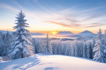 Winter forest at sunset