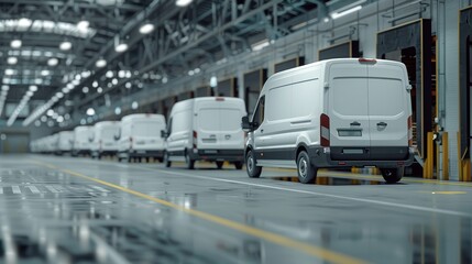 Naklejka premium A row of white vans are parked in a warehouse