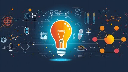 Innovative Conceptual Illustration of a Light Bulb Surrounded by Scientific and Technological Elements