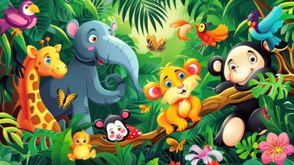 Cute Baby Animals in a Colorful Jungle Wallpaper