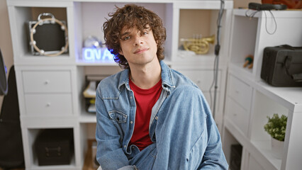 Handsome young man with curly hair wearing a denim jacket poses in a modern music studio interior.