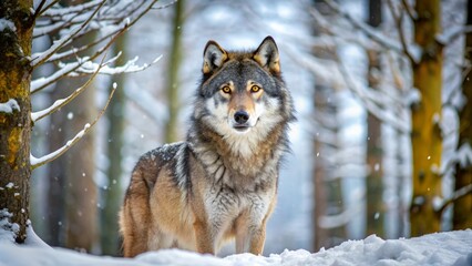 Fototapeta premium Majestic gray wolf stands alone in a snow-covered forest, its piercing yellow eyes gleaming with a mix of curiosity and wildness, surrounded by silence.