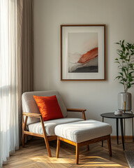 Beige armchair near accent side table against stucco wall with big poster frame. Minimalist interior design of modern living room.