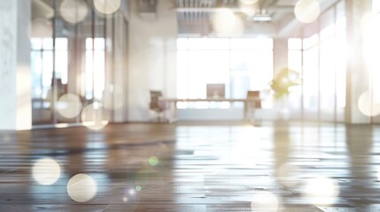 Blurred empty open space office. Abstract light bokeh at office interior background for design,generative ai