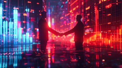 Two silhouetted business people shake hands in front of a vibrant digital background with red and blue financial charts, representing a deal or collaboration in technology or finance,