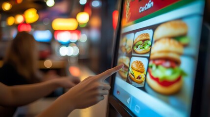 A person is pointing at a touch screen kiosk displaying various burger options in a busy fast food restaurant.